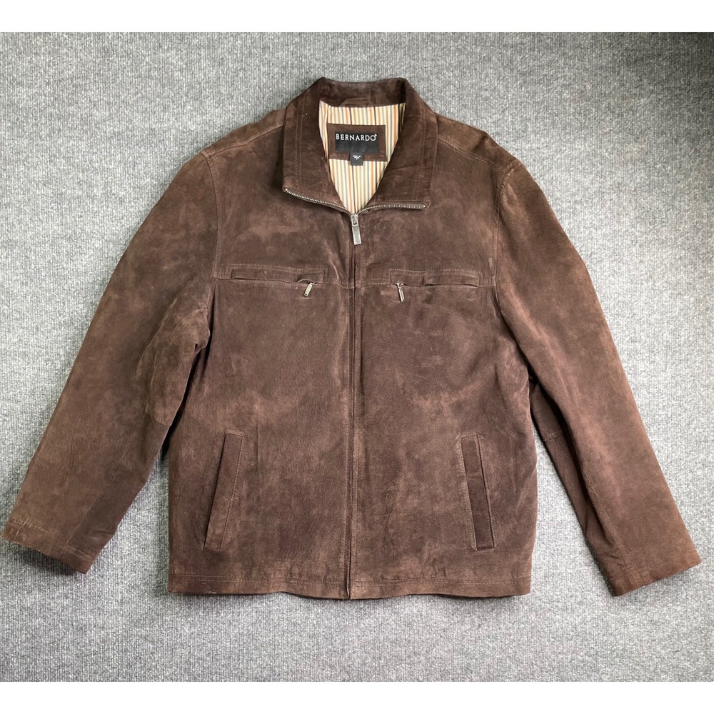 Bernardo Jacket Mens‎ Large Brown Genuine Suede Leather Full Zip Striped Lining